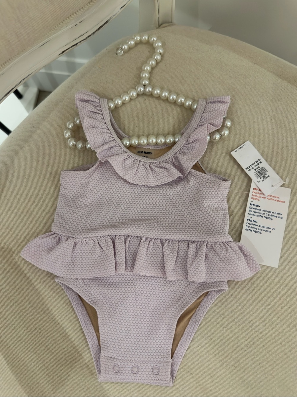 🦢 0~3 Mth Old Navy Pastel Lilac Ruffle Textured One-Piece Baby Swimsuit NWT